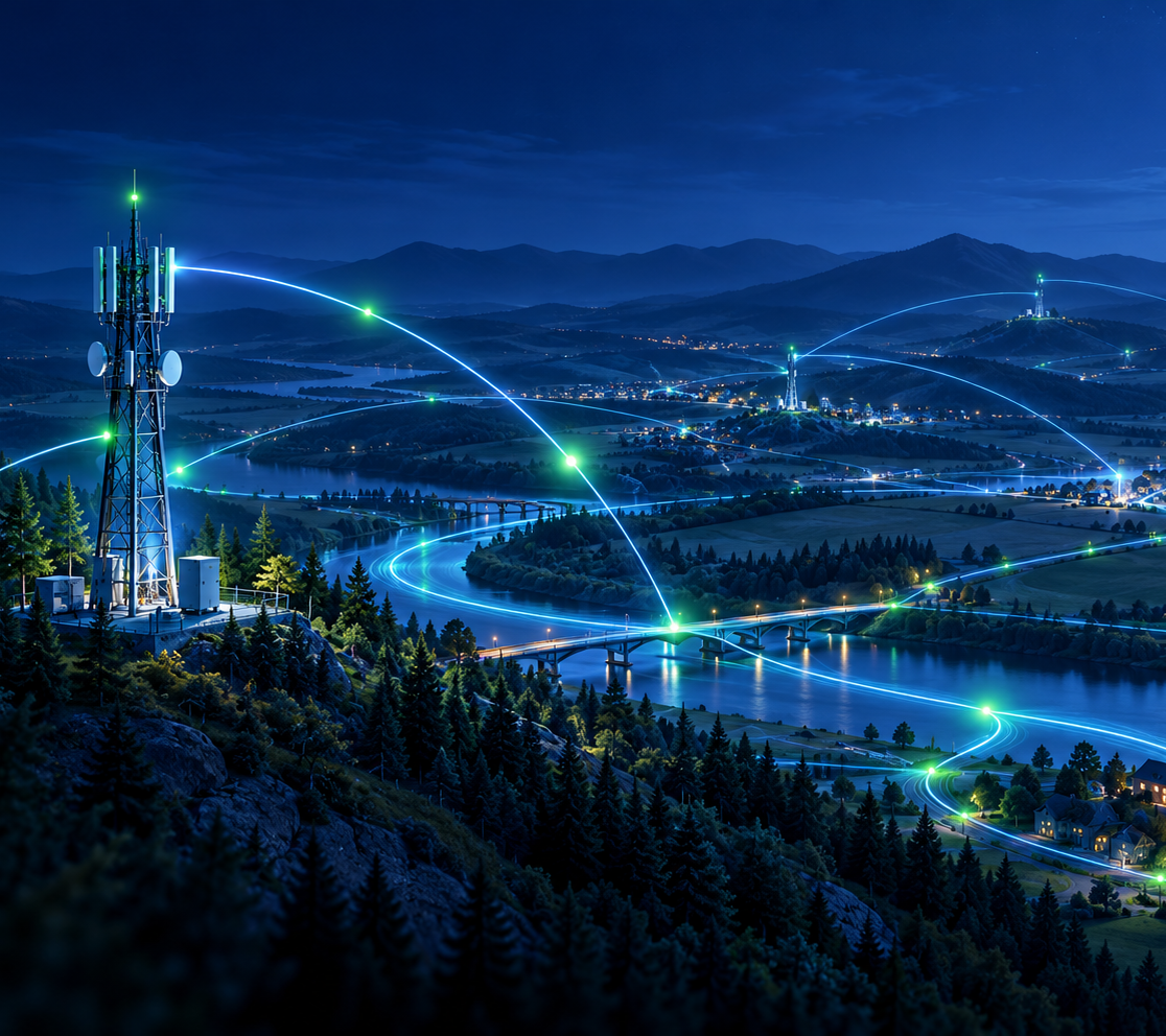 Night view of a radio tower linking towns across a river